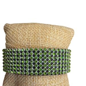 Lime Green Rhinestone Cuff Bracelet Silver Tone  Statement Sparkly Glam
